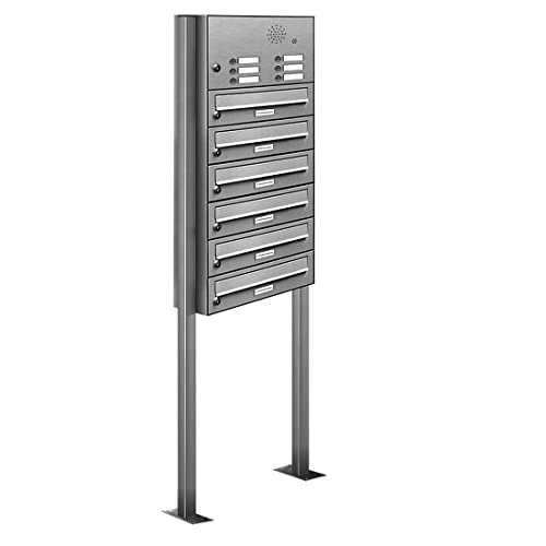 AL Briefkastensysteme 6er V2A Edelstahl Stand Briefkasten mit Klingel rostfrei als 6 Fach Briefkastenanlage DIN A4 in Postkasten Design modern