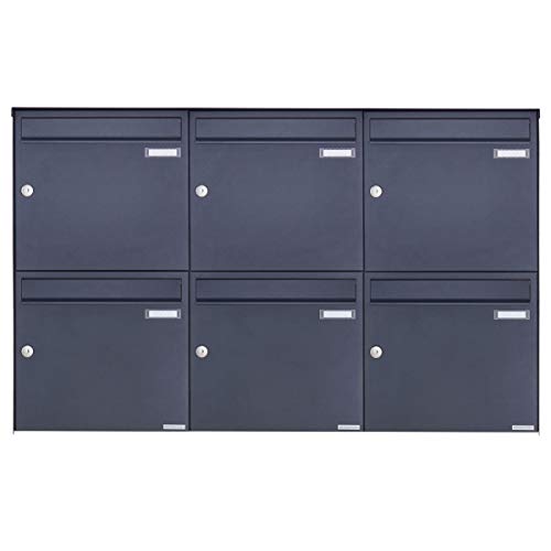 6er Aufputz Briefkastenanlage - 6 fach Wandbriefkasten Design BASIC 382A-7016 (Verzinkter Stahl, pulverbeschichtet in RAL 7016 anthrazitgrau, 6 Parteien, waagerecht)