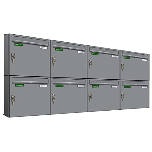 AL Briefkastensysteme Basic 8er Briefkasten RAL 9006 Weiß Aluminium Silber Edelstahl-farbig 8 Fach DIN A4 wetterfest Briefkastenanlage mit Posthaltebügel und 2 Namensschildern