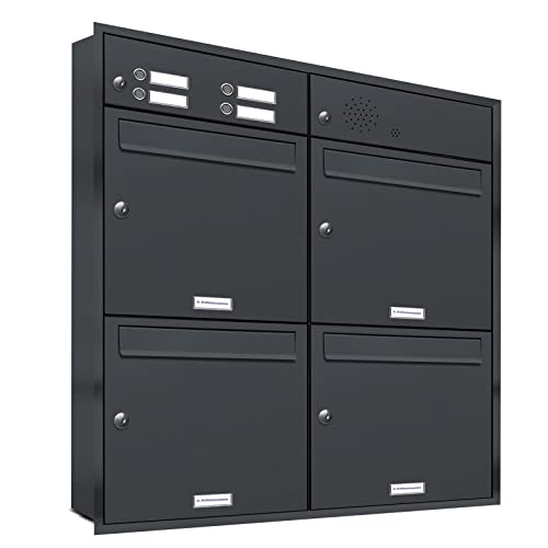 AL Briefkastensysteme, 4er Unterputzbriefkasten mit Klingel in Anthrazit Grau RAL 7016, 4 Fach wetterfeste Briefkastenanlage Design modern