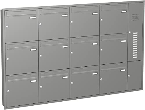 Briefkastenanlage Unterputz mit eckiger Verkleidung und Klingeln Modell U3 Farbe RAL 9007 Graualuminium, Größe mit 12 Briefkästen
