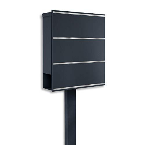 Metzler Design Standbriefkasten in Anthrazit RAL 7016 Folke - Modernes Design - Briefkasten zum Einbetonieren - Postkasten inkl. Zeitungsfach und Briefkastenständer - Größe: 35,5 x 43,5 x 10 cm