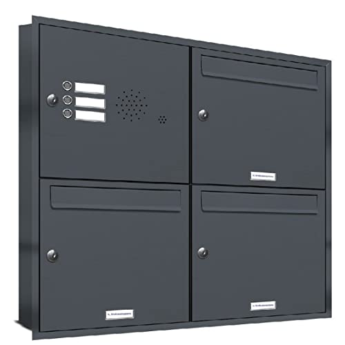 AL Briefkastensysteme, 3er Unterputzbriefkasten mit Klingel in Anthrazit Grau RAL 7016, 3 Fach wetterfeste Briefkastenanlage Design modern