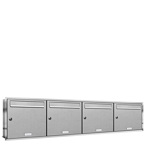 AL Briefkastensysteme, 4er Unterputzbriefkasten, Briefkasten rostfrei, 4 Fach Briefkastenanlage modern, Edelstahl Postkasten