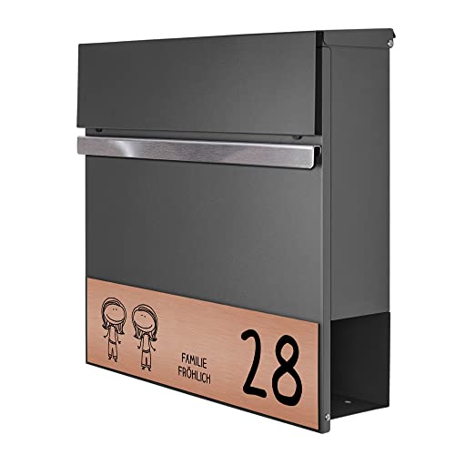 banjado® Briefkasten mit Namensschild in Kupfer personalisiert/Briefkaste n Anthrazit mit Zeitungsfach 37x37x10,5 cm cm groß/Postkasten A4 Einwurf inkl. Montagematerial & 2 Schlüsseln