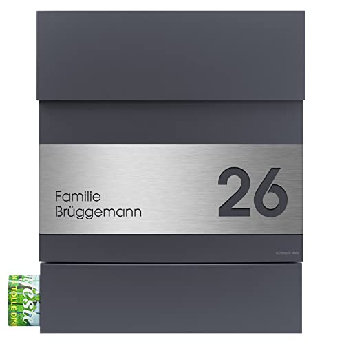 Letterman 5 Briefkasten anthrazit Edelstahl Name und Hausnummer Ral 7016 Zeitungsfach V4A-Edelstahlschild Postkasten
