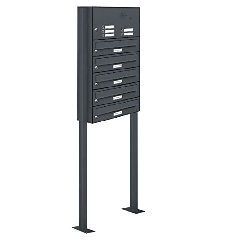 AL Briefkastensysteme 5er Standbriefkasten in Anthrazitgrau RAL 7016 mit Klingel als 5 Fach Briefkastenanlage in Postkasten Briefkasten modern