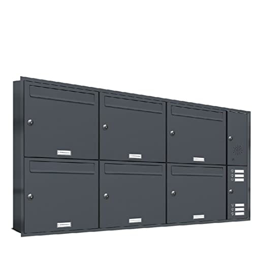 AL Briefkastensysteme, 6er Unterputzbriefkasten mit Klingel in Anthrazit Grau RAL 7016, 6 Fach wetterfeste Briefkastenanlage Design modern
