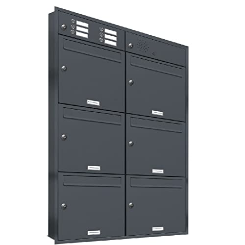 AL Briefkastensysteme, 6er Unterputzbriefkasten mit Klingel in Anthrazit Grau RAL 7016, 6 Fach wetterfeste Briefkastenanlage Design modern