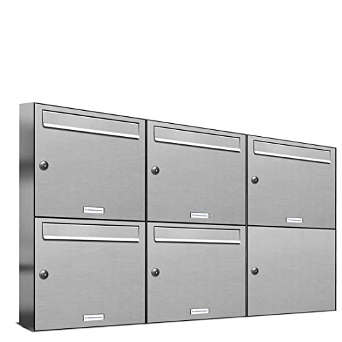 AL Briefkastensysteme 5er Briefkastenanlage aus V2A Edelstahl, Premium Briefkasten DIN A4, 5 Fach Postkasten modern Aufputz