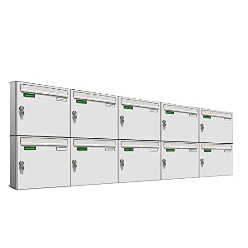 AL Briefkastensysteme Basic 10er Briefkasten RAL 9016 Verkehrs Weiss 10 Fach DIN A4 wetterfest Briefkastenanlage mit Posthaltebügel und 2 Namensschildern