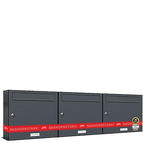 AL Briefkastensysteme 3er Briefkastenanlage Anthrazit Grau RAL 7016, Premium Briefkasten DIN A4, 3 Fach Postkasten modern Aufputz