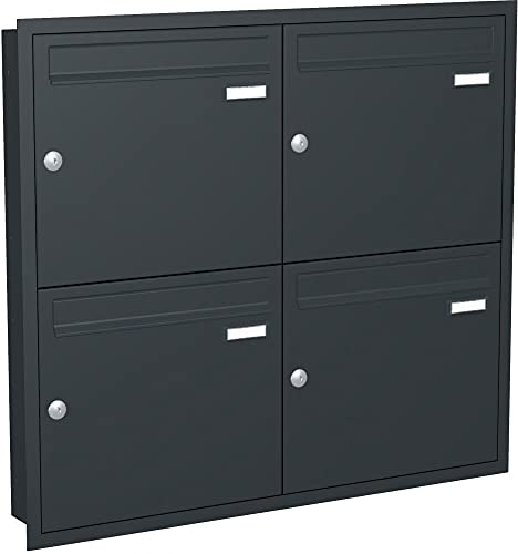 Briefkastenanlage Unterputz mit eckiger Verkleidung Modell U1 Farbe RAL 7016 anthrazitgrau, Größe mit 4 Briefkästen