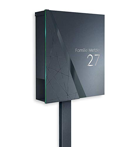 Metzler Standbriefkasten in Anthrazit RAL 7016 Klaas - Rostfrei & Massiv - inkl. Beschriftung Hausnummer & Name - Briefkasten mit Briefkastenständer, Größe: 35,5 x 43,5 x 10 cm