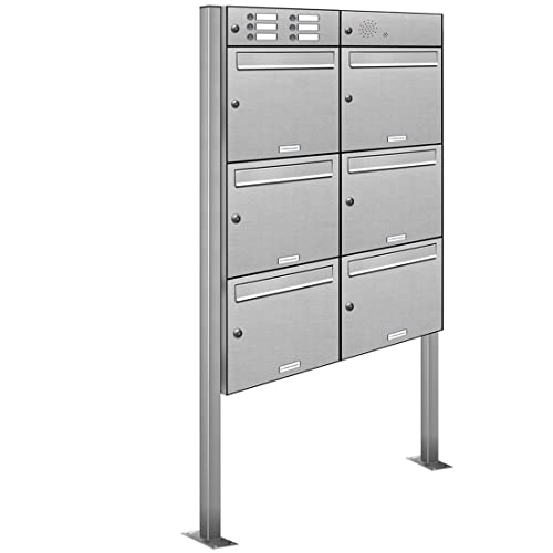 AL Briefkastensysteme 6er Edelstahl Standbriefkasten mit Klingel rostfrei als 6 Fach Briefkastenanlage in Postkasten Briefkasten Design modern