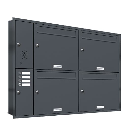 AL Briefkastensysteme, 4er Unterputzbriefkasten mit Klingel in Anthrazit Grau RAL 7016, 4 Fach wetterfeste Briefkastenanlage Design modern