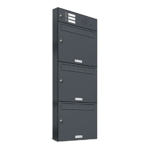 AL Briefkastensysteme 3er Briefkasten in Anthrazitgrau RAL 7016 mit Klingel, 3 Fach Briefkastenanlage Aufputz modern Postkasten