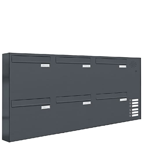 AL Briefkastensysteme 6er Briefkasten für Tür/Zaundurchwurf mit Klingel, in Anthrazit Grau RAL 7016, 6 Fach Briefkastenanlage Design modern
