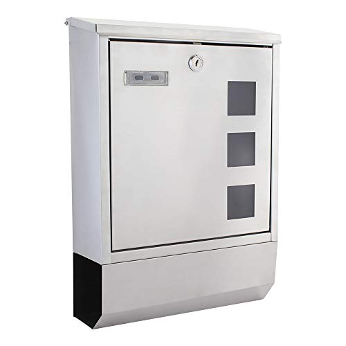 Profirst Mail PM 770 Briefkasten, Zylinderschloß mit 2 Schlüssel, Edelstahl, 435x300x100 (HxBxT), Einwurfklappe, Zeitungsbox, Wandbriefkasten, Sichtfenster, Namensschild, einseitiger Einwurf