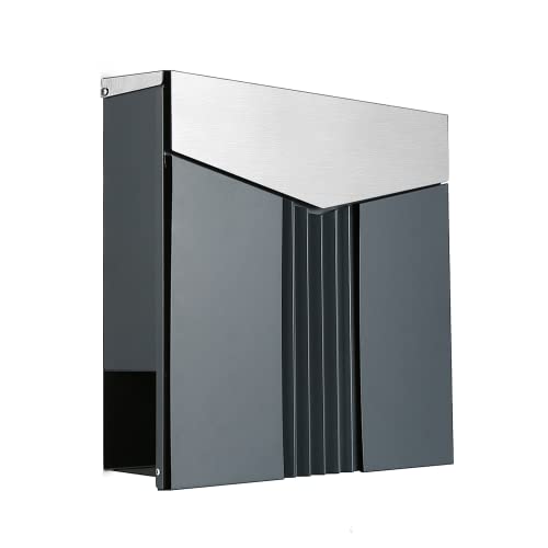 Lukadria Briefkasten mit Zeitungsfach & Schlüssel - rostfreier Wand-Briefkasten mit Zeitungsrolle - wetterfester Postkasten - Mailbox - Anthrazit Grau- Edelstahl