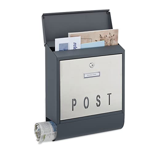 Relaxdays Briefkasten mit Zeitungsfach, moderner Postkasten, HBT: 38,5 x 31 x 12 cm, Stahl & Edelstahl, anthrazit/Silber