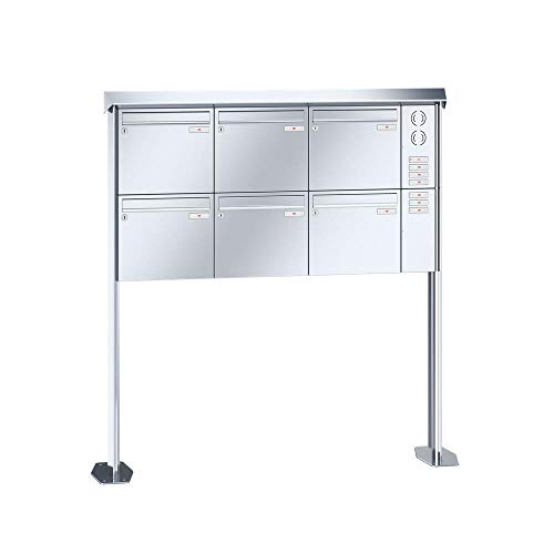 RENZ/Prisma / 6er Freistehende Briefkastenanlage Standbriefkasten mit Sprechfeld / V4A-Edelstahl/Volumen 12 L/mit Fußplatten/Dein-Briefkas ten.de