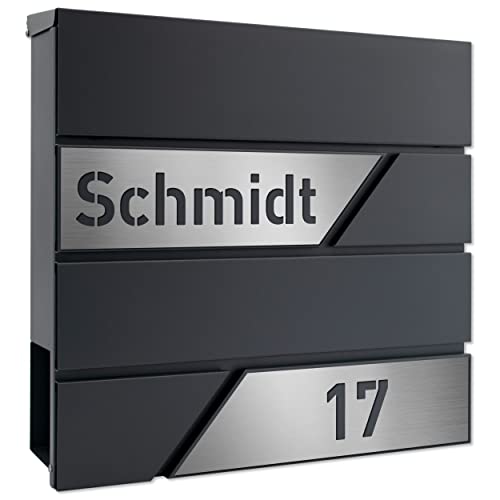 AlbersDesign - Personalisierter Design Briefkasten individuell mit Name / Anthrazit (RAL7016) - mit individuellen Edelstahl-Schildern
