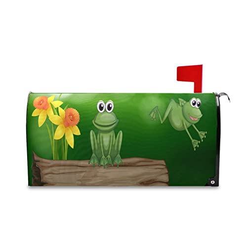 Kcldeci Magnetischer Briefkasten-Abdeckung, Motiv: 2 grüne Frösche am Teich, magnetisch, Briefkastenabdeckung, Garten, Standardgröße: 53,5 x 63,5 cm