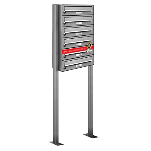AL Briefkastensysteme 6er Edelstahl Standbriefkasten rostfrei als 6 Fach Briefkastenanlage DIN A4 in Postkasten Briefkasten Design modern