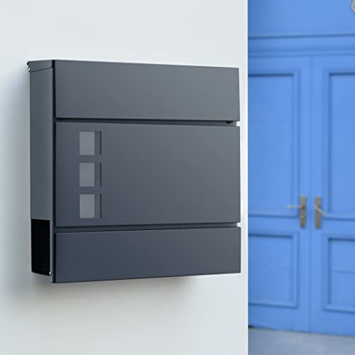 [en.casa] Briefkasten Kahla 37 x 37 x 11 cm Postkasten mit Zeitungsröhre Wandbriefkasten mit 3 Fenster Abschließbar mit 2 Schlüssel Stahl Anthrazit