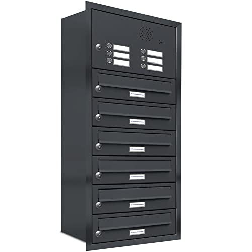 AL Briefkastensysteme, 6er Unterputzbriefkasten mit Klingel in Anthrazit Grau RAL 7016, 6 Fach wetterfeste Briefkastenanlage Design modern