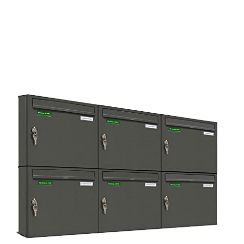 AL Briefkastensysteme Basic 6er Briefkasten DB 703 Eisenglimmer Grau 6 Fach DIN A4 wetterfest Briefkastenanlage mit Posthaltebügel und 2 Namensschildern