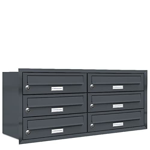 AL Briefkastensysteme, 6er Unterputzbriefkasten in Anthrazit Grau RAL 7016, 6 Fach wetterfeste Briefkastenanlage Design modern