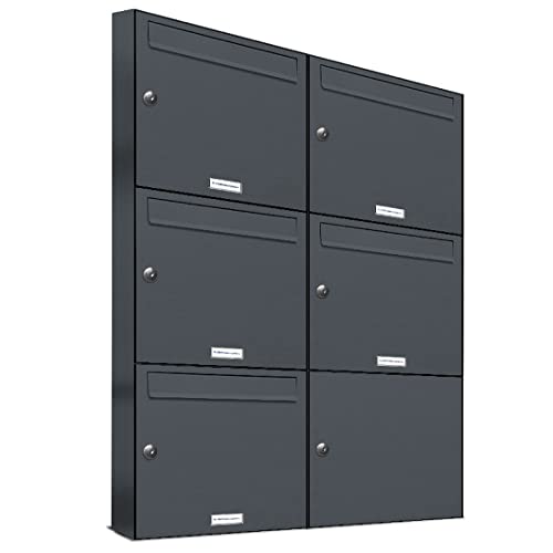 AL Briefkastensysteme 5er Briefkastenanlage Anthrazit Grau RAL 7016, Premium Briefkasten DIN A4, 5 Fach Postkasten modern Aufputz