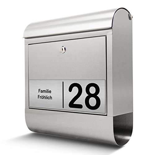 banjado® Briefkasten personalisiert mit graviertem Namensschild in Silber/Briefkasten Edelstahl 39x47x14cm / Briefkasten mit Hausnummer, Namen & Motiv Gravur 2 / Briefkasten mit Zeitungsfach
