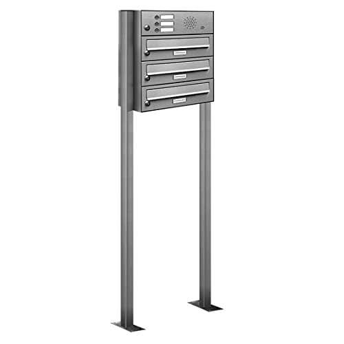 AL Briefkastensysteme 3er Briefkasten mit Klingel als Standbriefkasten, 3 Fach Briefkastenanlage in Edelstahl rostfrei Postkasten modern