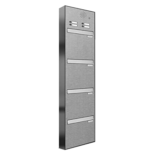 AL Briefkastensysteme 4er Tür/Zaundurchwurfbriefka sten mit Klingel in Edelstahl 4 Fach DIN A4 wetterfest Premium Briefkastenanlage
