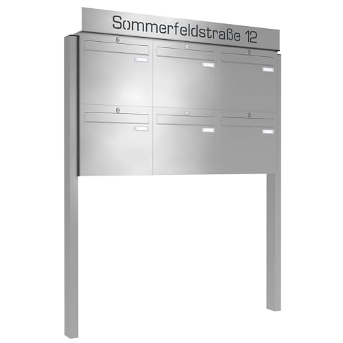 Frabox Briefkastenanlage 6fach Briefkasten personalisiert freistehend Edelstahl XXL Standbriefkasten zum Einbetonieren mit Hausnummer & Straße Mehrfamilienhaus ohne Zeitungsfach Made in Germany LUIS
