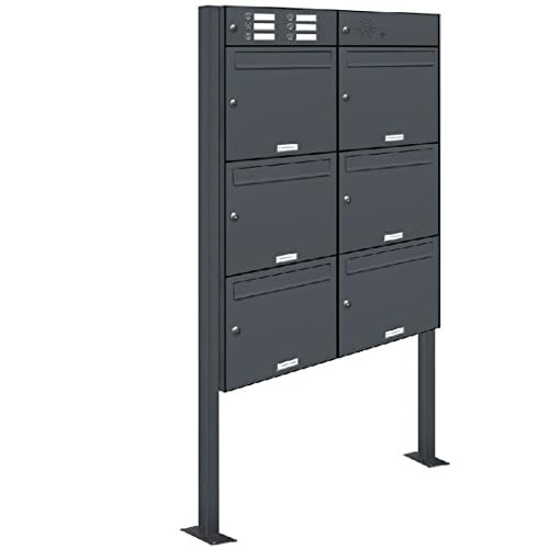 AL Briefkastensysteme 6er Standbriefkasten Anthrazitgrau RAL 7016 mit Klingel als 6 Fach Briefkastenanlage in Postkasten Briefkasten Design modern