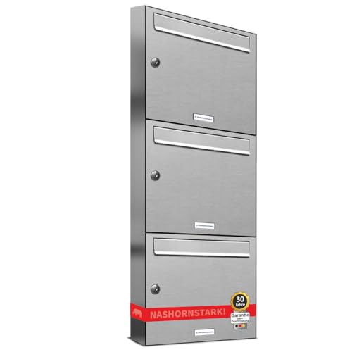 AL Briefkastensysteme 3er Briefkastenanlage aus V2A Edelstahl, Premium Briefkasten DIN A4, 3 Fach Postkasten modern Aufputz