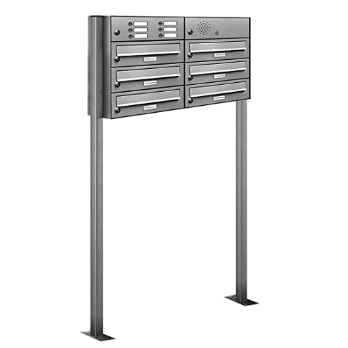 AL Briefkastensysteme 6er V2A Edelstahl Stand Briefkasten mit Klingel rostfrei als 6 Fach Briefkastenanlage DIN A4 in Postkasten Design modern