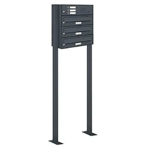 AL Briefkastensysteme 3er Standbriefkasten in Anthrazitgrau RAL 7016 mit Klingel als 3 Fach Briefkastenanlage in Postkasten Briefkasten modern