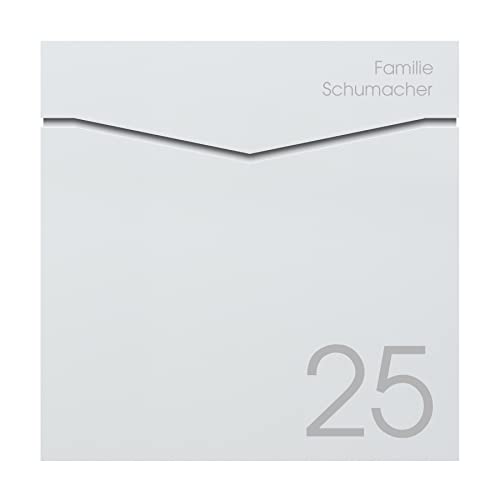 MOCAVI Box 710 Design-Briefkasten weiss mit Zeitungsfach inkl. Name und großer Hausnummer, Postkasten mit Zeitungsrolle, wetterfest, rostfrei, Wandbriefkasten NF71b