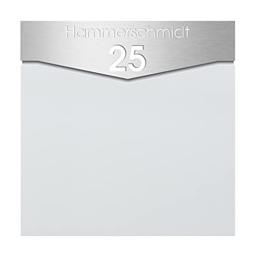 Briefkasten mit Zeitungsrolle signal-weiss mit Hausnummer und Name MOCAVI Box 710 Design-Postkasten mit Zeitungsfach rostfrei V4A-Edelstahl-Schild (Stick 509) mit Gravur Wand-Briefkasten wetterfest