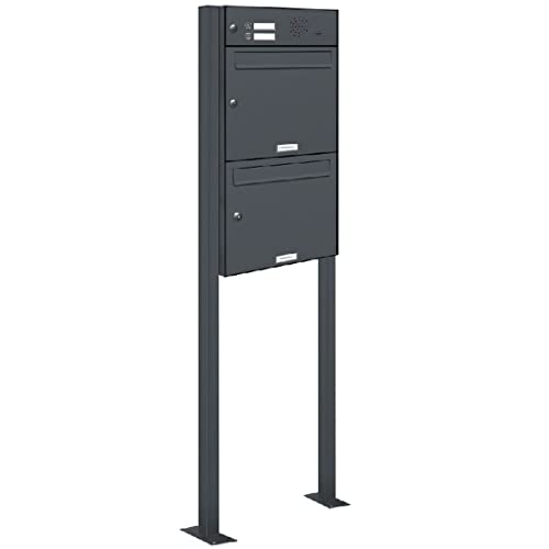 AL Briefkastensysteme 2er Standbriefkasten Anthrazitgrau RAL 7016 mit Klingel als 2 Fach Briefkastenanlage in Postkasten Doppel-Briefkasten Design modern