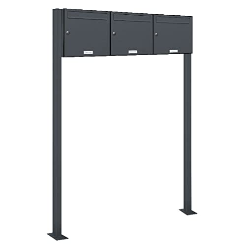 AL Briefkastensysteme 3er Standbriefkasten in Anthrazitgrau RAL 7016 als 3 Fach Briefkastenanlage DIN A4 in Postkasten Briefkasten Design modern