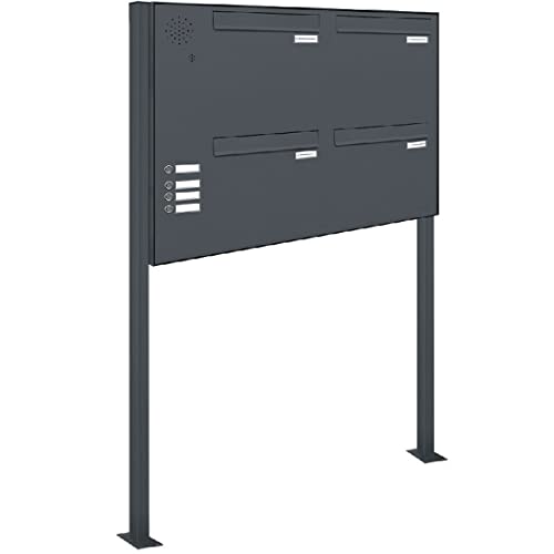 AL Briefkastensysteme 4er Durchwurf-Standanlage mit Klingel in Anthrazit Grau RAL 7016 4 Fach DIN A4 wetterfest Premium Briefkastenanlage