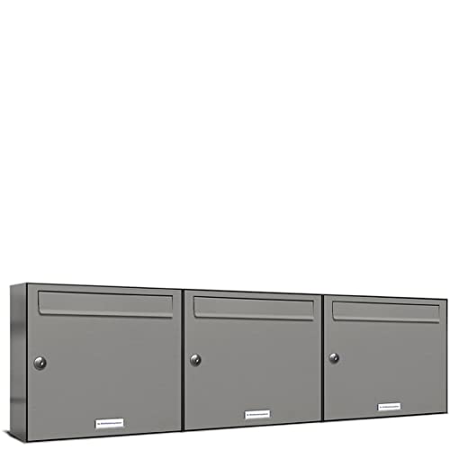 AL Briefkastensysteme 3er Briefkastenanlage Aluminiumgrau RAL 9007, Premium Briefkasten DIN A4, 3 Fach Postkasten modern Aufputz