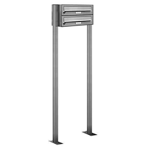AL Briefkastensysteme 2er V2A Edelstahl Stand Briefkasten rostfrei als Doppel-Briefkasten-Anlage Freistehend DIN A4 in 2 Fach Postkasten Design modern