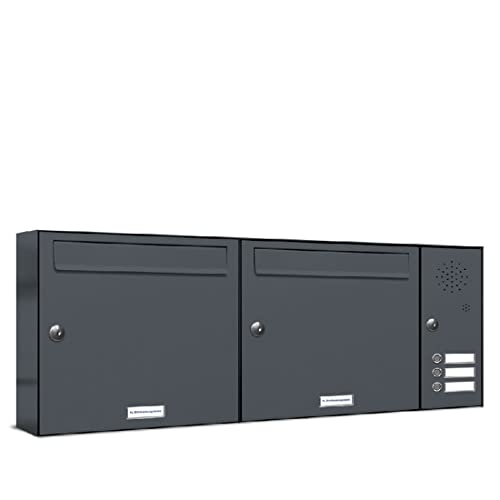 AL Briefkastensysteme 2er Briefkastenanlage mit Klingel Anthrazit Grau RAL 7016, Premium Doppel-Briefkasten DIN A4, 2 Fach Postkasten modern Aufputz